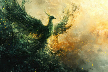 Poster - A majestic emerald phoenix rises from swirling, dark-green and golden clouds, its wings spread wide.