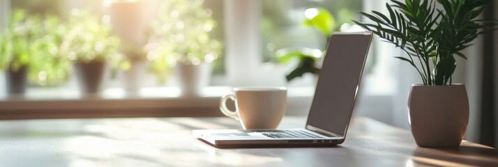 Poster - Bright and Cozy Home Workspace on Kitchen Table with Natural Morning Light and Relaxed Vibe