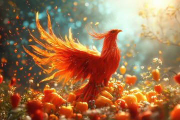 Aufkleber - A majestic phoenix, ablaze in orange, stands amidst a vibrant field of orange peppers, surrounded by a magical, sunlit atmosphere.