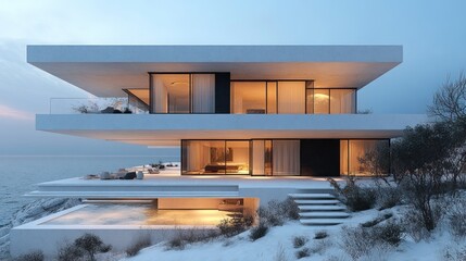 Aufkleber - Modern minimalist two-story house overlooking the sea, illuminated at dusk, covered in snow.