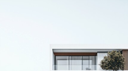 Aufkleber - Modern minimalist white building exterior with balcony and tree, clear sky.