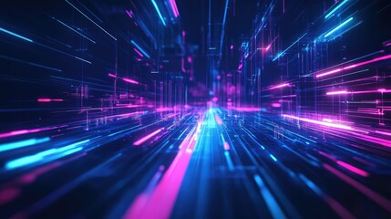 Fototapete - Vibrant Futuristic Digital Landscape with Dynamic Neon Lights Conveying Speed and Movement in a Tech-Infused Environment