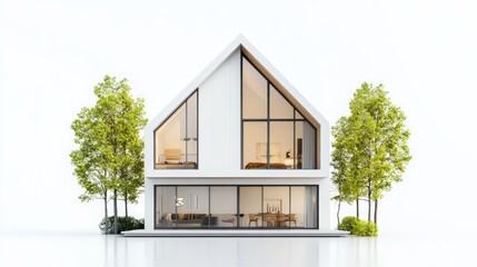 Aufkleber - Modern minimalist white house with large windows, surrounded by trees, isolated on white background.