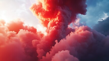 Poster - Dramatic Cloud Formation with Vibrant Red and Pink Hues Illuminating a Soft Blue Sky Creating a Striking and Breathtaking Natural Scene