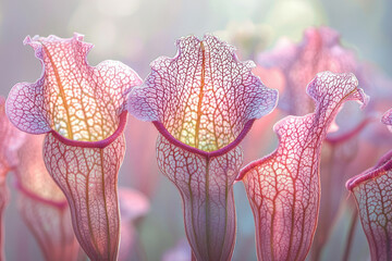 Aufkleber - Delicate pink pitcher plants with intricate veining, bathed in soft light.