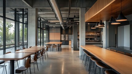 Poster - Modern office breakroom with long tables, chairs, and a kitchen area.