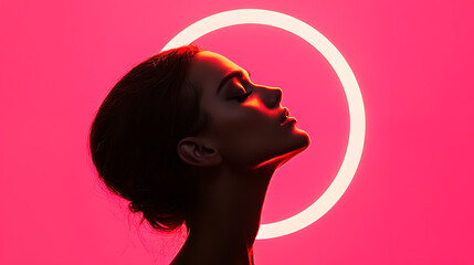Poster - Captivating portrait of a woman silhouetted against a vibrant pink background artistic photography studio setting profile view