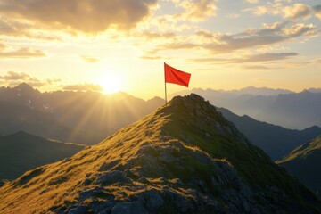 Poster - Majestic mountain peak features a bright red flag under golden sunlight at sunset, creating a high-energy adventure atmosphere