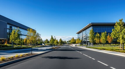 Poster - Modern office buildings line a quiet street on a sunny day.