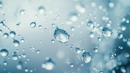 Poster - Crystal-clear water droplets suspended in the air against a soft blue background, creating a tranquil atmosphere of purity, freshness, and natural beauty
