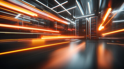 Poster - Dynamic light trails creating a futuristic atmosphere in a high-tech server room
