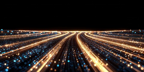 Poster - Abstract digital network, data streams, and connection on a black background, rendering
