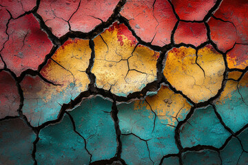 Poster - Cracked paint in red, yellow, and teal creates an abstract texture.
