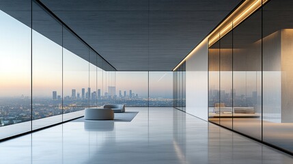 Poster - Modern office interior with panoramic city view at sunrise.