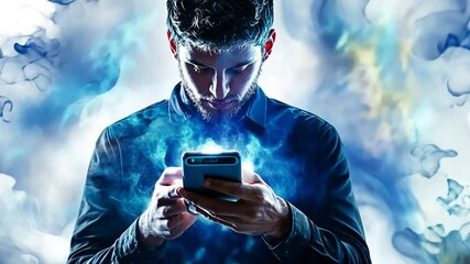 Poster - Man Using Smartphone, Digital Aura, Technology, Mystical Energy