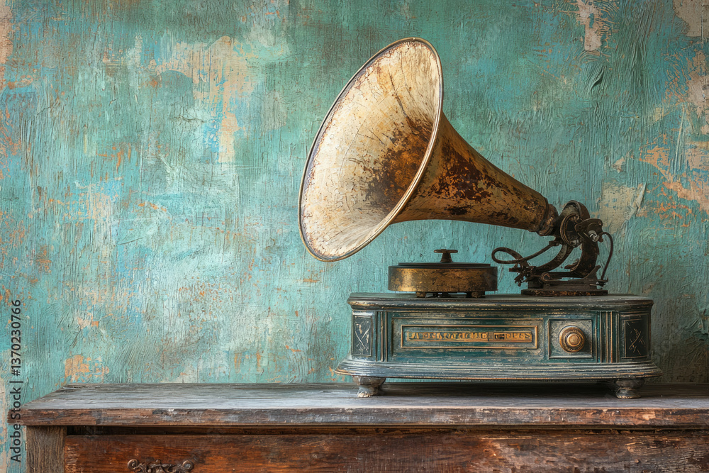 Antique gramophone with a large horn rests on a rustic wooden table ...