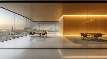 Poster - Modern office with panoramic city view, wooden wall, and glass partition.