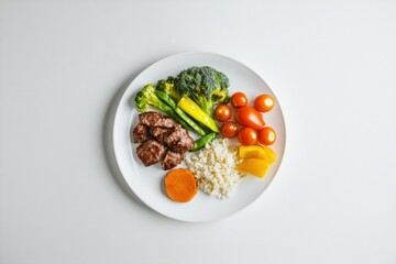 Poster - Elegant arrangement of fresh vegetables, lean protein, and whole grains on a white plate showcasing healthy eating aesthetic