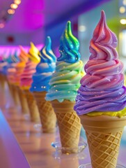 Aufkleber - Cheerful row of rainbow-colored ice cream cones with vibrant flavors against a pastel background