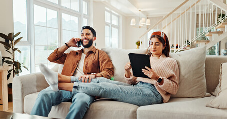 Aufkleber - Sofa, couple and phone call with tablet for relax, online communication and conversation with contact. Home, happy man and woman with technology for chat, social media or bonding together in marriage