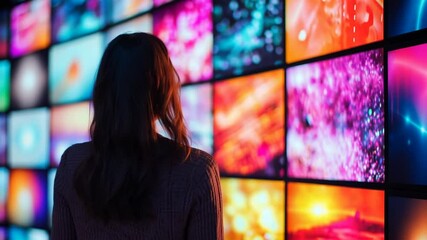 Poster - Woman Contemplating a Kaleidoscope of Vibrant Digital Art
