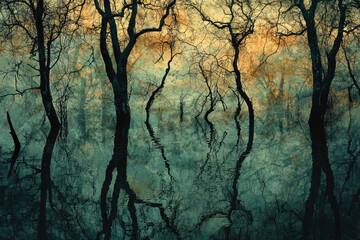 Poster - Silhouetted leafless trees reflected in still, murky water, creating an ethereal, atmospheric scene.