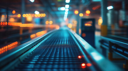 Poster - Blurred background highlights digital displays and advanced conveyor systems in a logistics facility