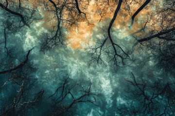 Poster - Abstract reflection of leafless trees in swirling, teal and orange water.