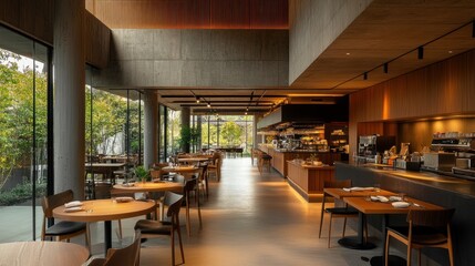 Poster - Modern restaurant interior with wooden tables, chairs, and concrete walls, offering a view of a garden through large windows.