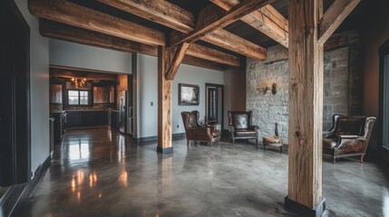 Aufkleber - Modern rustic interior design with exposed wooden beams, stone wall, and polished concrete floor. Two leather armchairs sit in front of the stone wall.