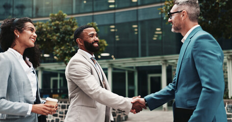 Poster - Business people, handshake and meeting outdoor in city for discussion, introduction or deal. Happy men, woman or corporate partners together for onboarding, agreement or networking for urban work