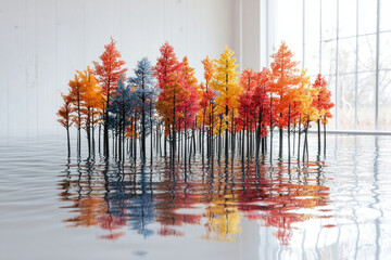 Poster - Autumnal trees stand in flooded waters, reflecting vibrant colors against a serene backdrop.