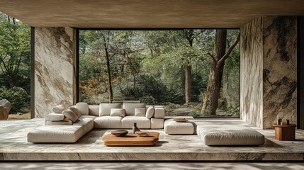 Poster - Modern sectional sofa in a minimalist living room with large windows overlooking a lush green garden.