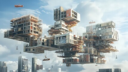 Poster - A conceptual abstract city under construction with floating modular buildings connecting in mid-air