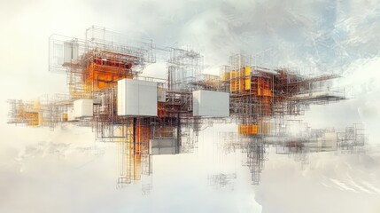 Poster - A conceptual abstract city under construction with floating modular buildings connecting in mid-air