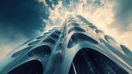 Poster - A conceptual abstract skyscraper under construction, its structure morphing into dynamic, fluid shapes