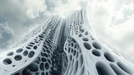Poster - A conceptual abstract skyscraper under construction, its structure morphing into dynamic, fluid shapes