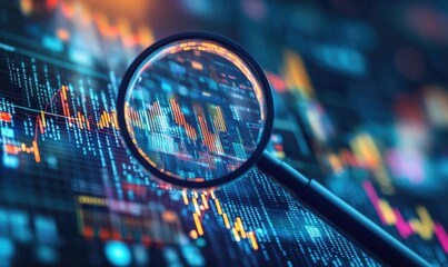 Poster - Financial Data Screen Magnified With Blue and Orange Graph Lines For Deep Market Analysis