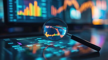 Poster - Financial Stock Market Data Analysis Magnified on Screen with Blue Lighting Colorful Charts and Graphs