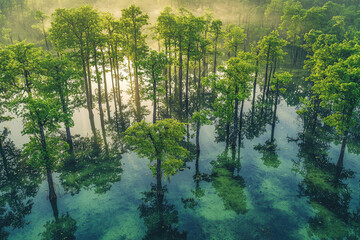 Aufkleber - Sunlit trees reflected in a calm, green swamp water, creating a serene and tranquil atmosphere.