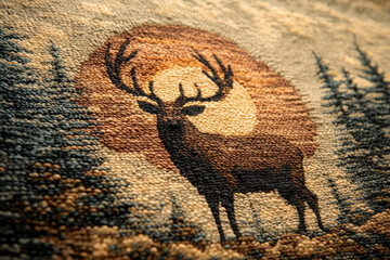 Poster - A close-up view of a rug depicting a majestic elk silhouetted against a setting sun in a forest.