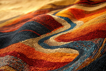 Poster - Close-up of a textured, multicolored rug with swirling patterns in shades of orange, red, beige, and blue.