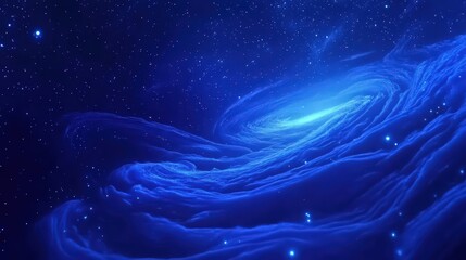 Poster - A cosmic blue background with swirling nebula-like textures, bright stars, and glowing space dust.