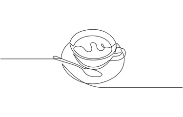 Poster - One continuous line drawing of a coffee cup with a spoon, Continuous single line drawing a cup coffee, spoon, and saucer in floating style. Coffee logo. Hot drink icon.