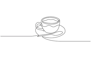 Poster - One continuous line drawing of a coffee cup with a spoon, Continuous single line drawing a cup coffee, spoon, and saucer in floating style. Coffee logo. Hot drink icon.