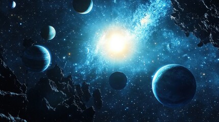 Wall Mural - a cosmic scene of multiple planets aligned in orbit around a bright blue supergiant star