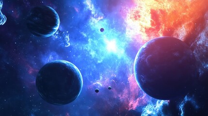 Wall Mural - a cosmic scene of multiple planets aligned in orbit around a bright blue supergiant star
