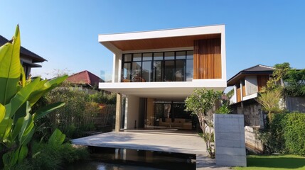 Aufkleber - Modern, two-story house with clean lines, large windows, and a carport, surrounded by lush tropical landscaping.