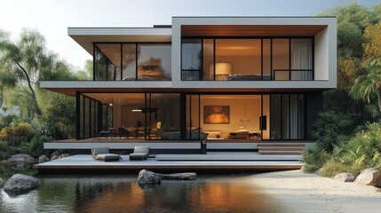 Aufkleber - Modern two-story house with large windows, deck, and pond.