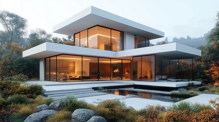 Aufkleber - Modern, two-story house with large windows, infinity pool, and autumnal landscaping.